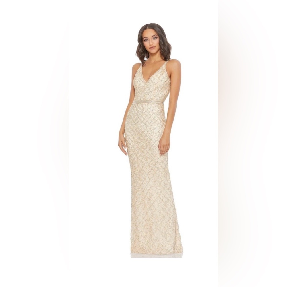 NEW MAC DUGGAL LATTICE PATTERN STRAPPY BACK BEADED GOWN SZ 2